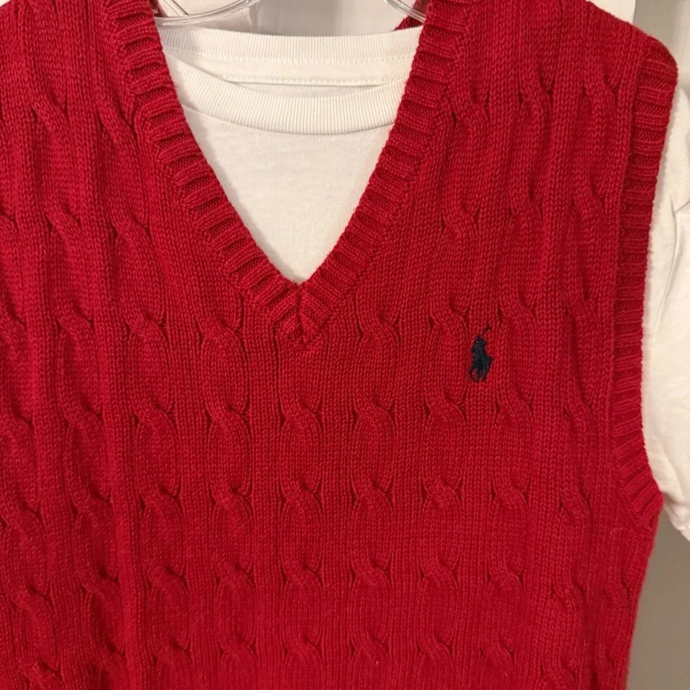 Ralph Lauren Boys 2 PCS Set Red Cotton Cable Knit Vest & White S/S T-Shirt Sz 8